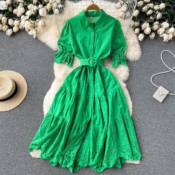 Puff Sleeve Hollowed Embroidered Dress