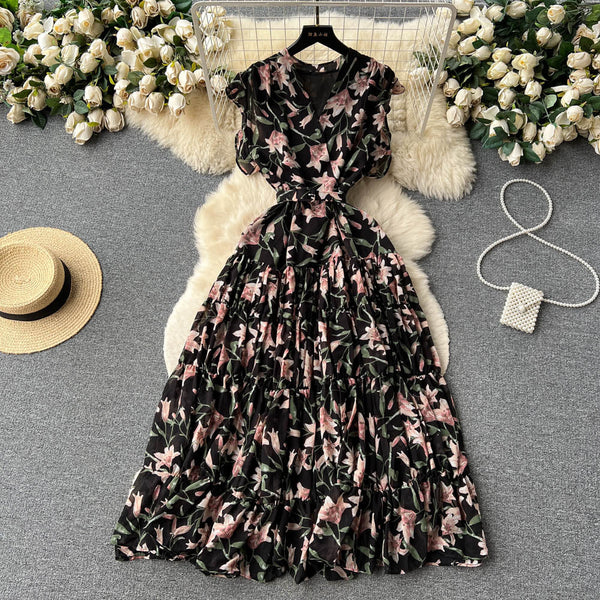Vintage V-neck Sleeveless Floral Dress