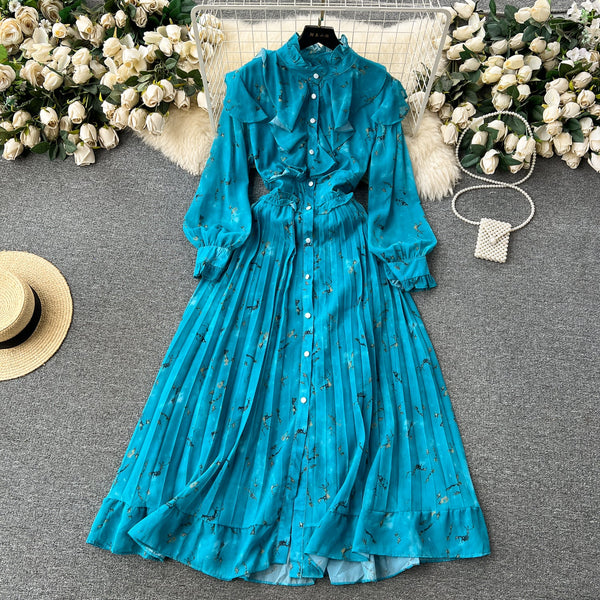 Courtly Pleated Floral Chiffon Dress