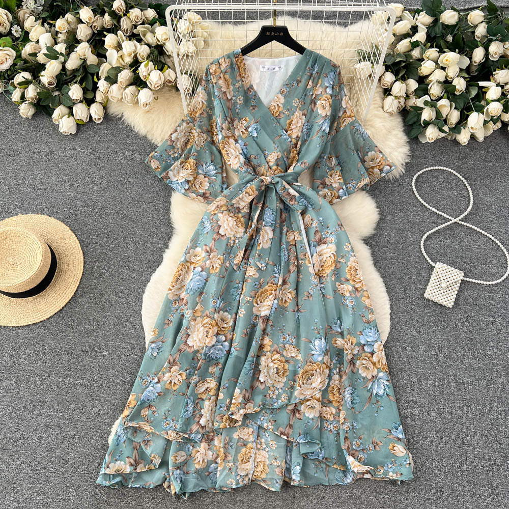Flared Sleeve V-neck Floral Dress