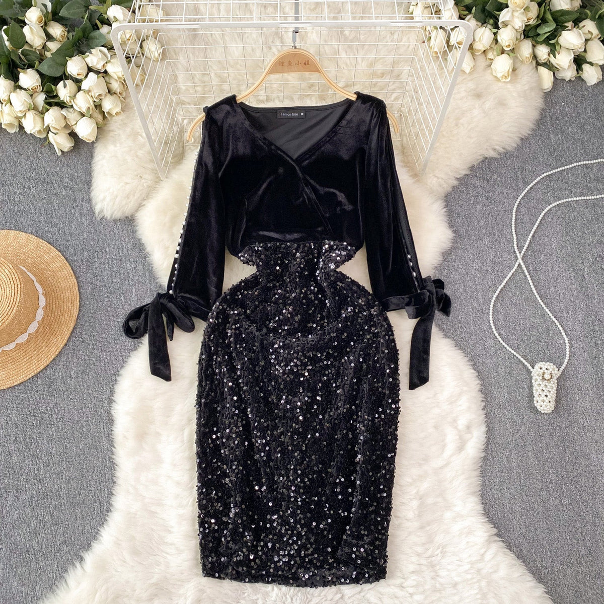 Elegant Sequin Patchwork Velvet Dress