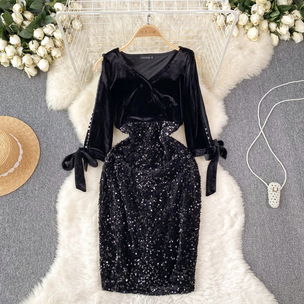 Elegant Sequin Patchwork Velvet Dress