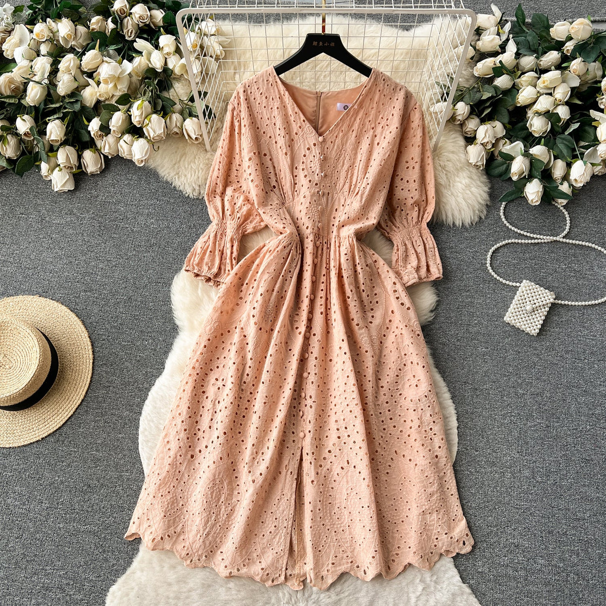 V-neck Puffy Sleeve Hollowed Dress