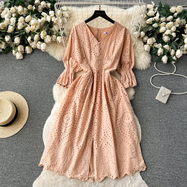 V-neck Puffy Sleeve Hollowed Dress