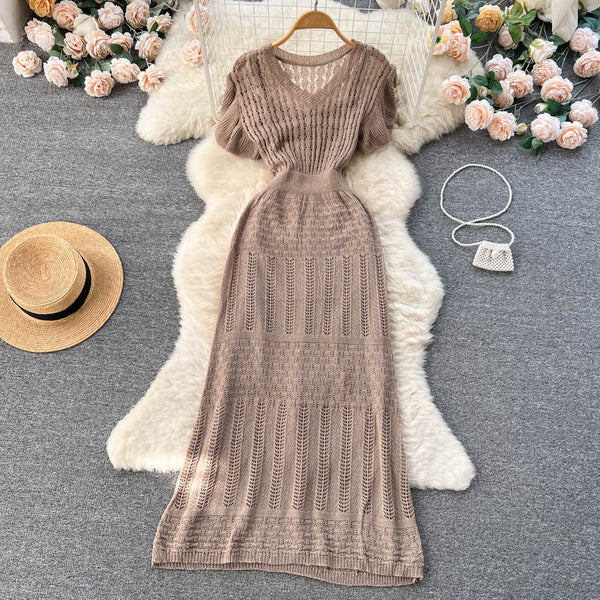 Solid Color V-neck A-line Dress