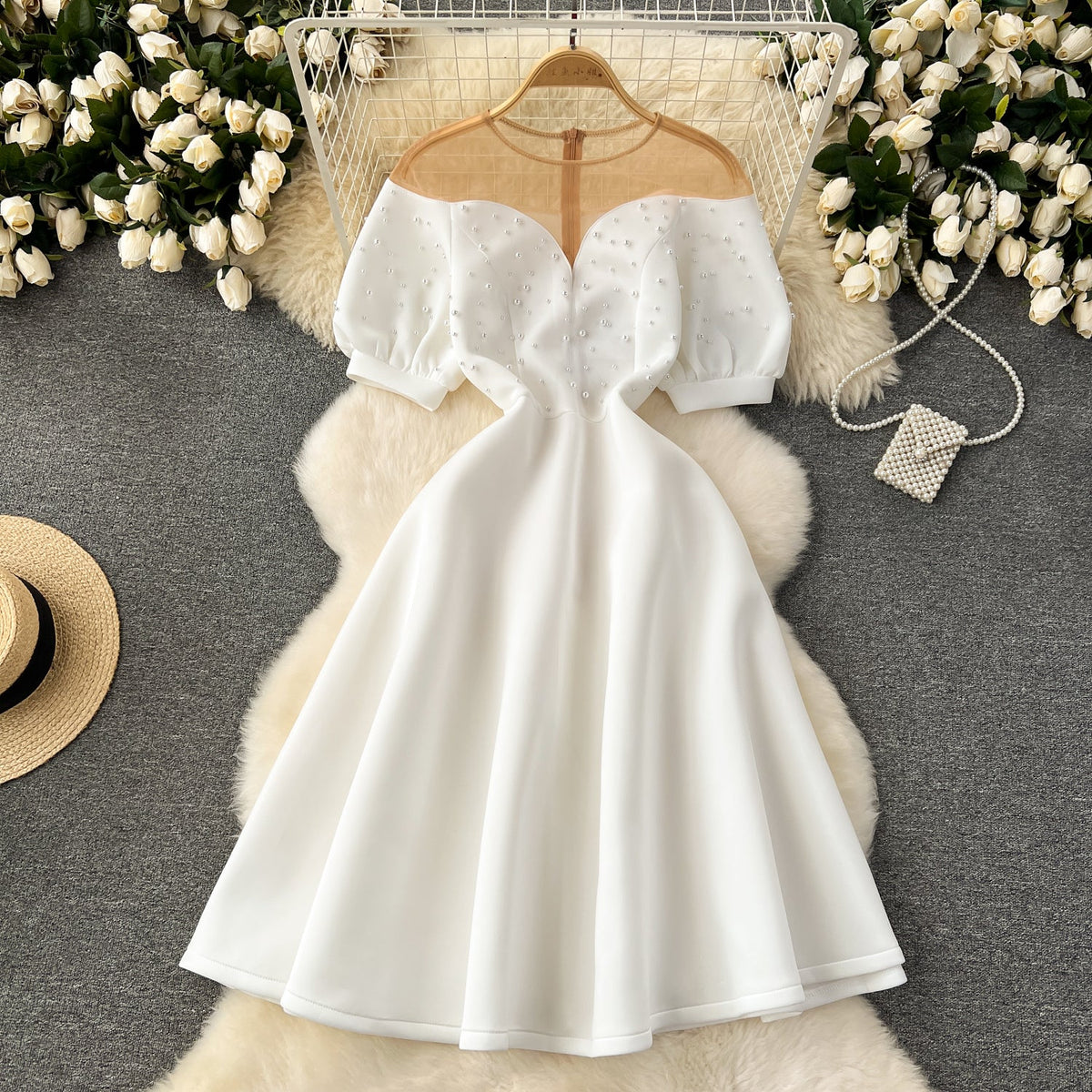 Mesh Neckline Beaded Pleated Dress