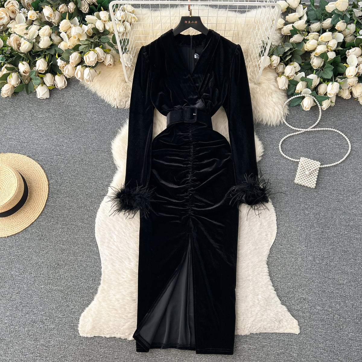 V-neck Slim-fitting Suede Split Dress