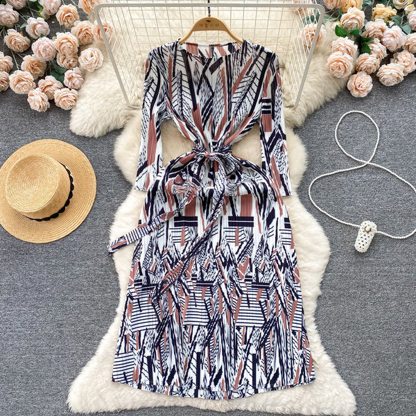 Crew Neck Lace-up Printed Dress