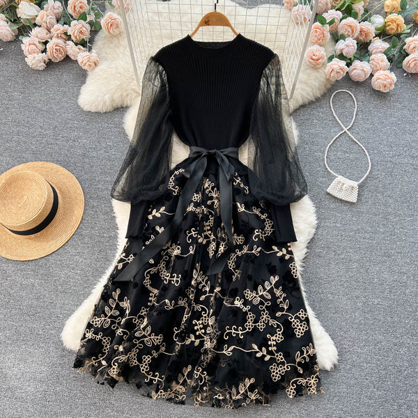 Floral Mesh Patchwork Black Dress