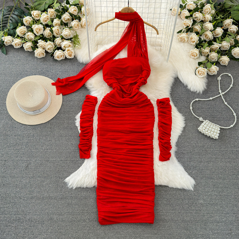 Pleated Mesh Dress with Detachable Sleeve