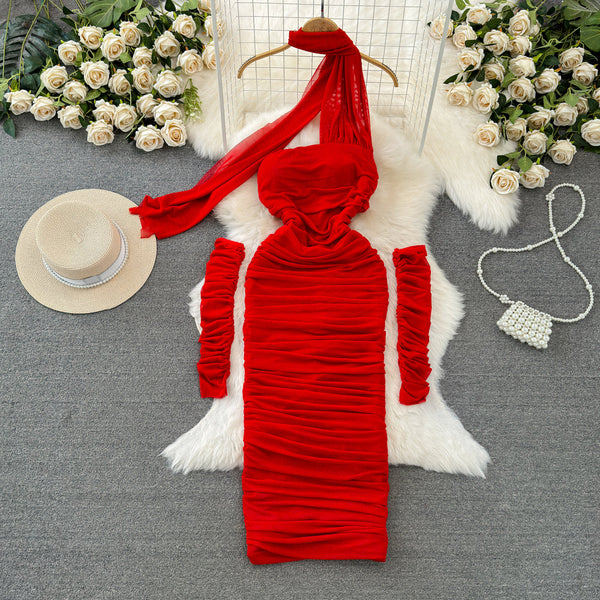 Pleated Mesh Dress with Detachable Sleeve