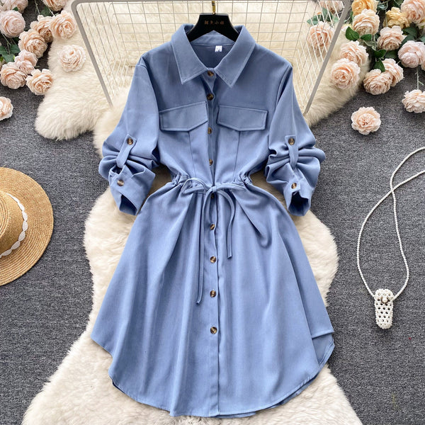 Irregular Design Lapeled Lace-up Shirt Dress
