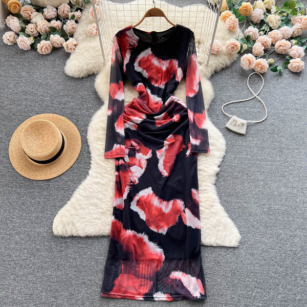Swoosh Floral Printed Hip-wrapping Dress