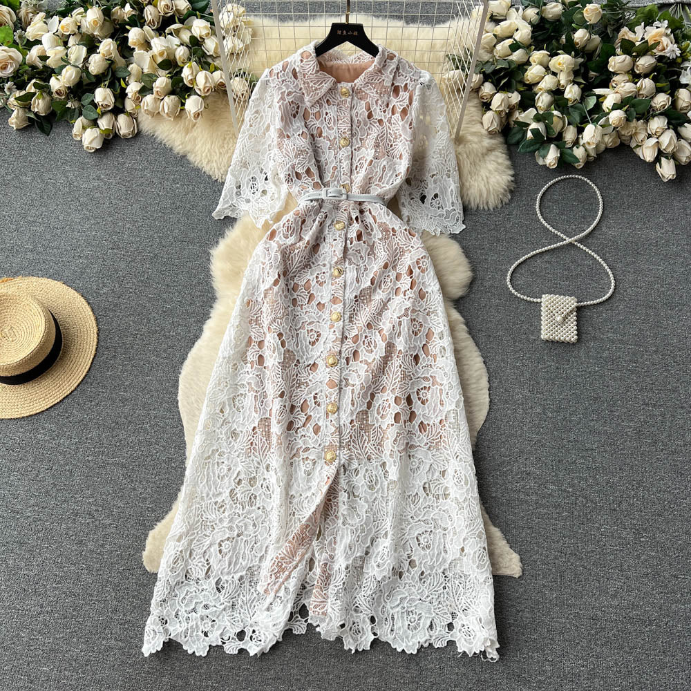 Polo Collar Embroidery Lace Dress