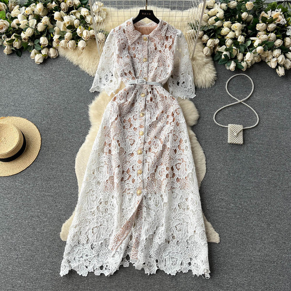 Polo Collar Embroidery Lace Dress