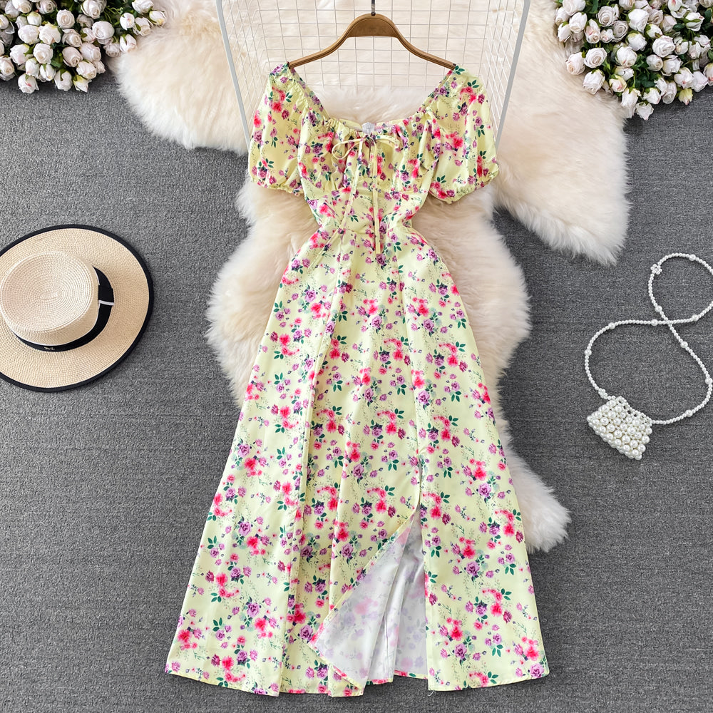 French Style Puff Sleeve Floral Dress