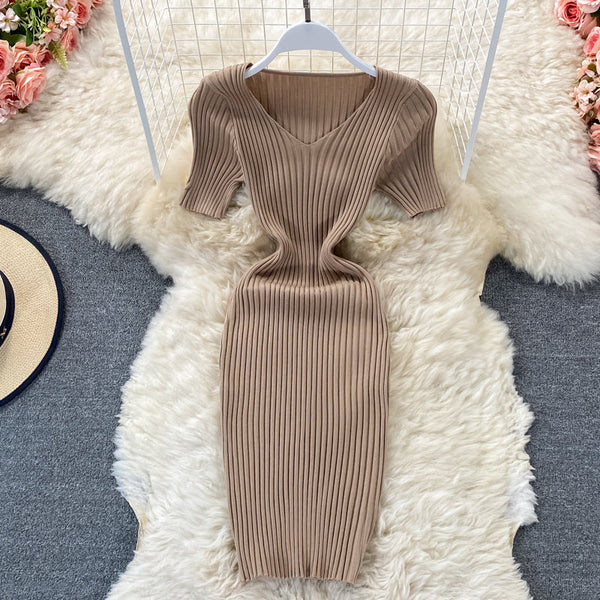 Solid Color V-neck Knitted Dress