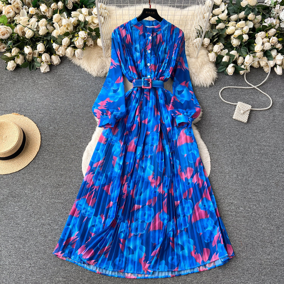Pleated Floral Printed Shirt Dress