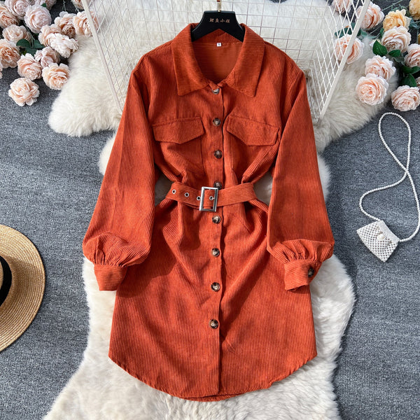 Lapel Single-breasted Corduroy Shirt Dress