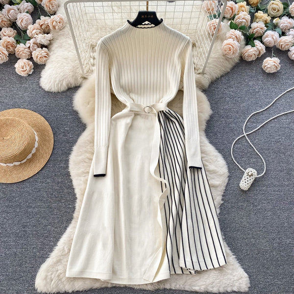 Thermal Striped Knitted Dress with Belt