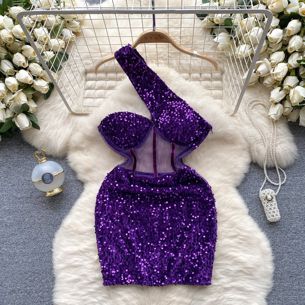Slant Shoulder Sequin Mini Party Dress