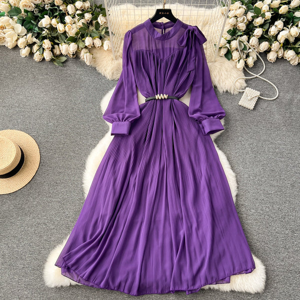 Bow-tie Pleated Chiffon Maxi Dress