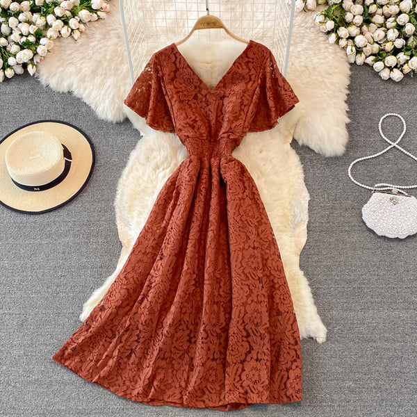 V-neck Floral Embroidered Lace Dress