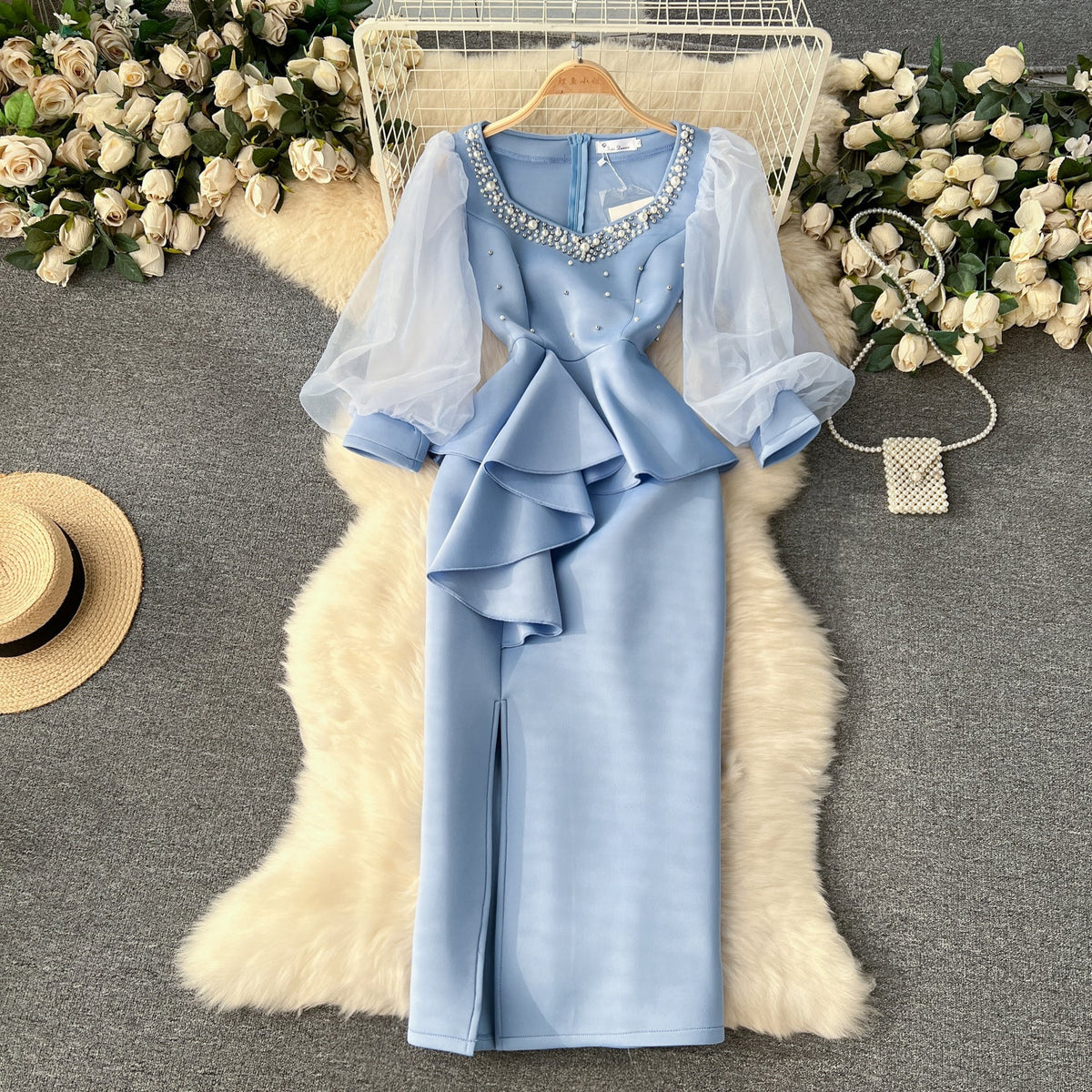 Vintage Beaded Ruffled Split Dress