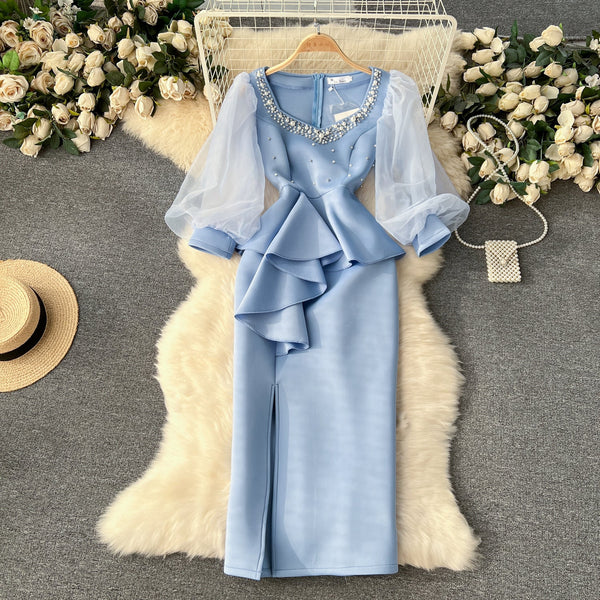 Vintage Beaded Ruffled Split Dress