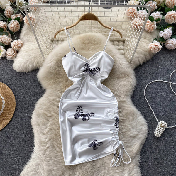 Butterfly Print Pleated Halter Dress