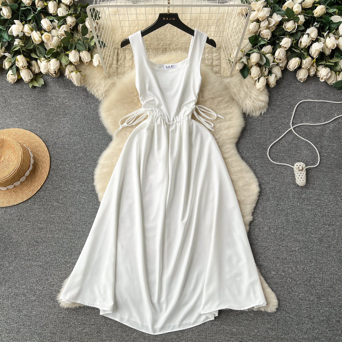 Square Collar Drawstring Slip Dress