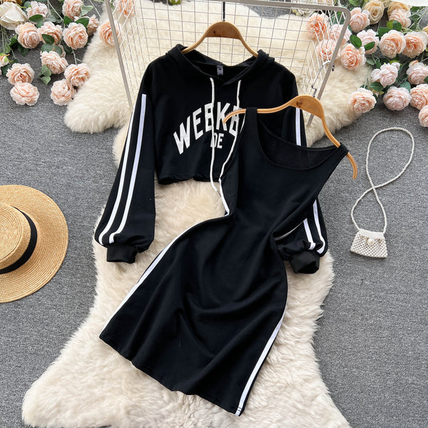 Letter Printed Hoodie&Halter Dress 2Pcs