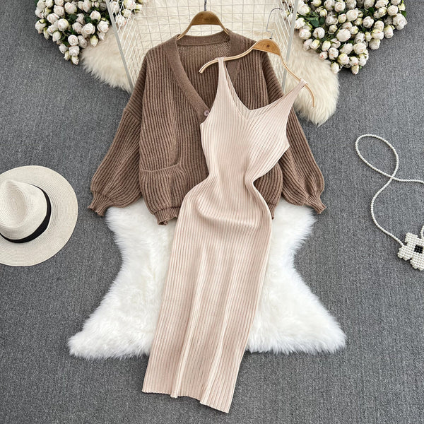 Loose Cardigan&Slip Dress Knitted 2Pcs
