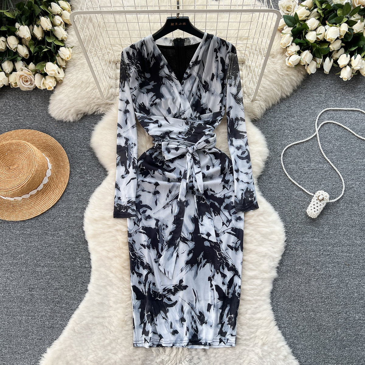 Elegant Lace-up Floral Printed Dress