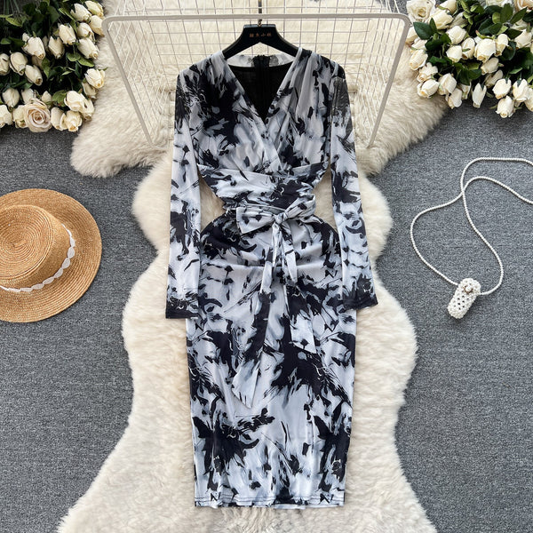 Elegant Lace-up Floral Printed Dress