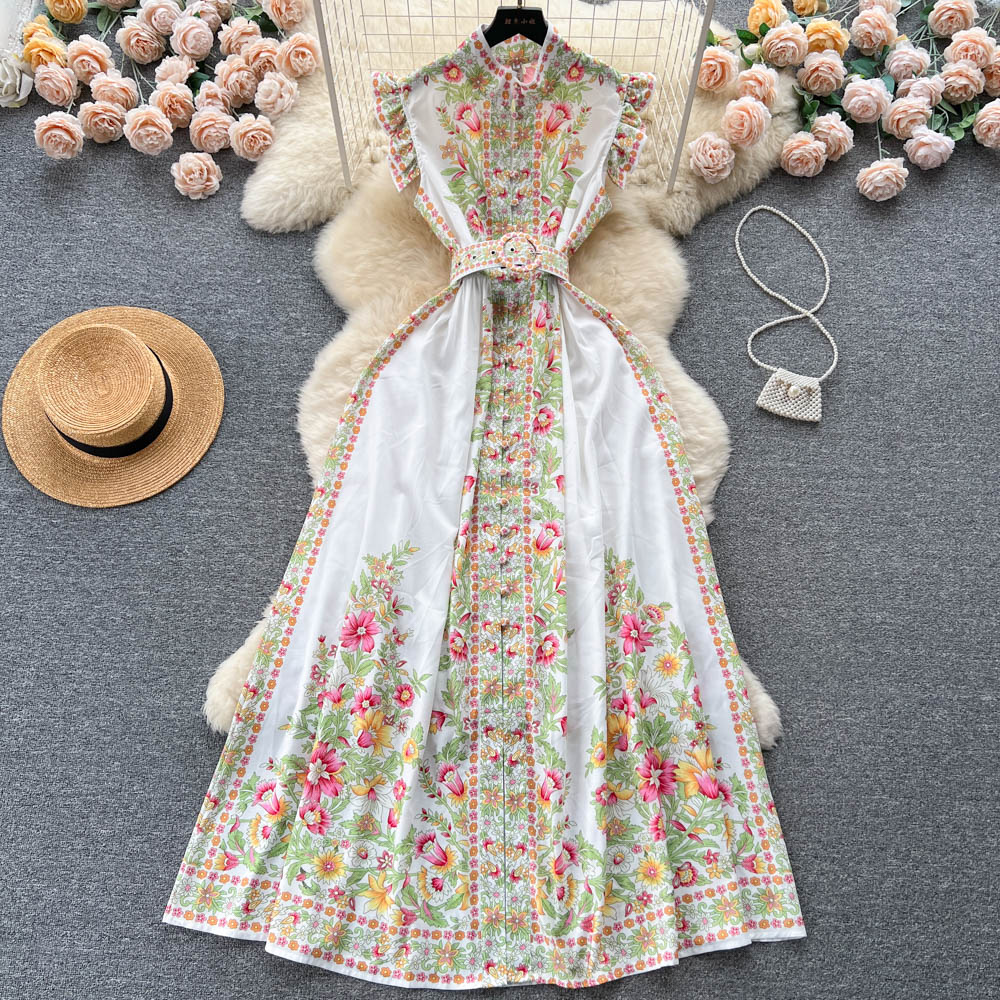 Ethnic Sleeveless Ruffled Floral Dress