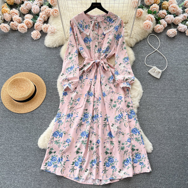 Vintage Doll Collar Floral Chiffon Dress
