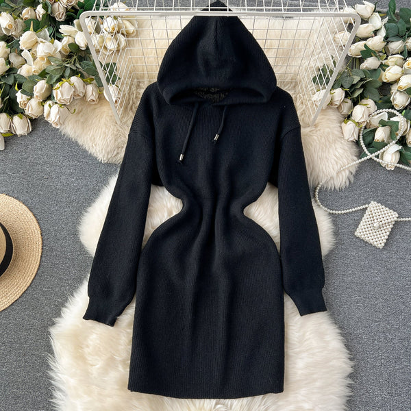 Hooded Drawstring Stretchy Knitted Dress