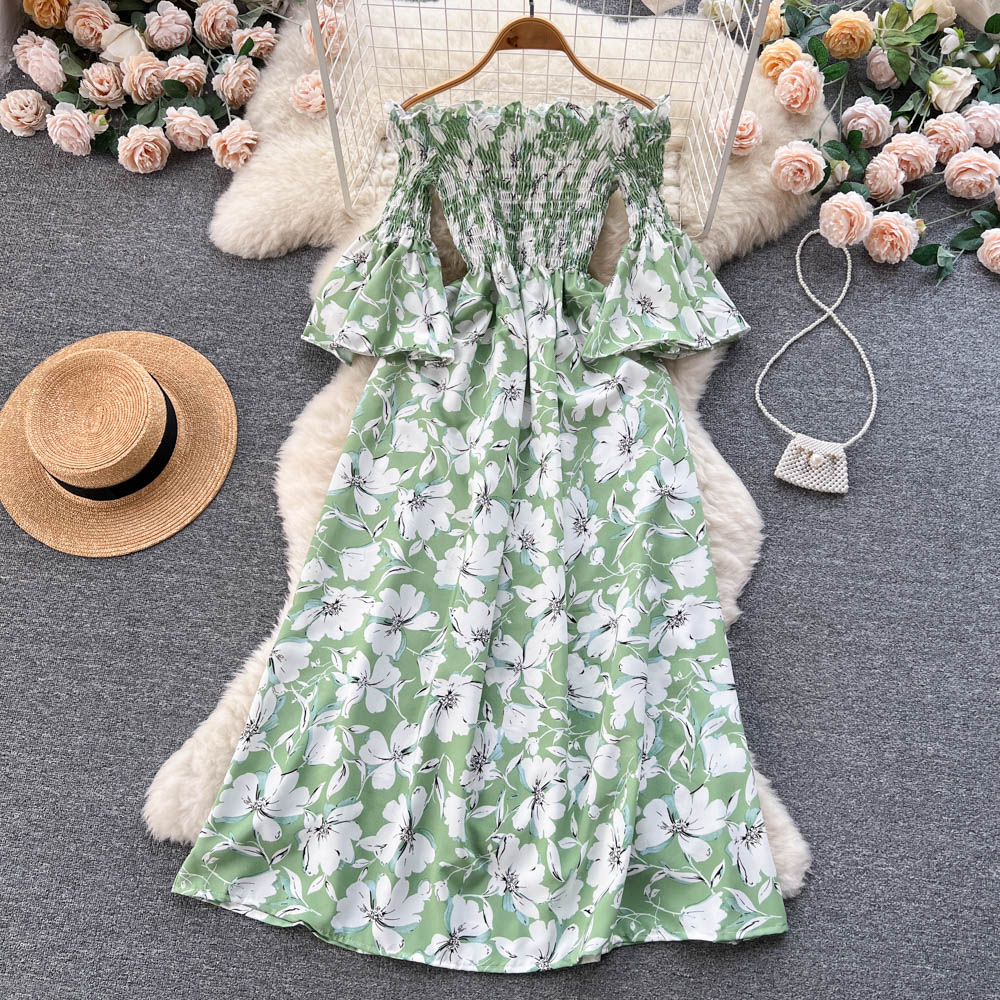 Off-shoulder Flared Sleeve Floral Dress