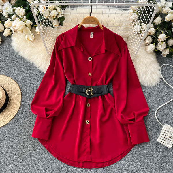 Solid Color Lace-up Shirt Dress with Waistbelt