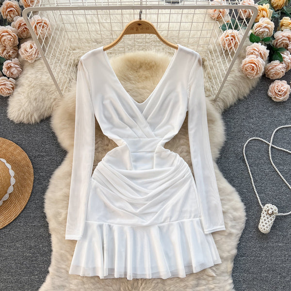 V-neck Pleated Mesh Short Dress