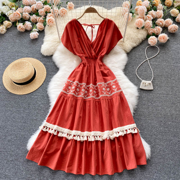 Ethnic Style Embroidered Tassel Dress