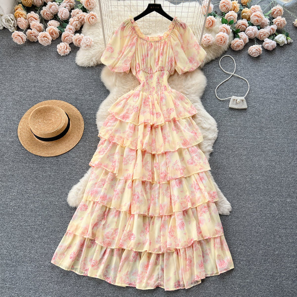 Vintage Puffy Sleeve Floral Cake Dress