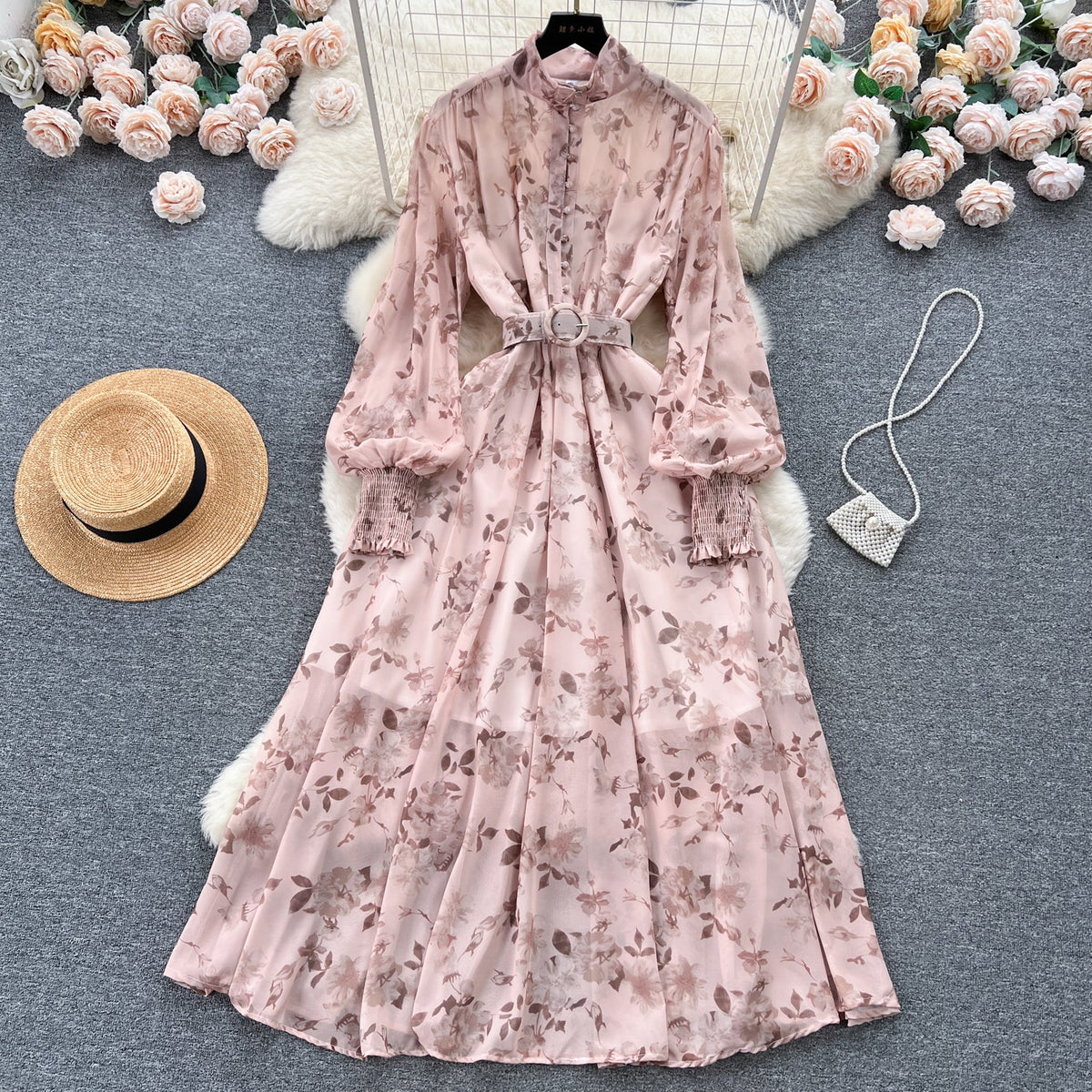 Stand Collar Floral Chiffon Dress
