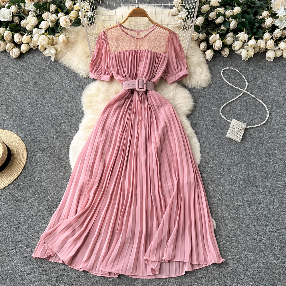 High Waist Tied Chiffon Pleated Dress