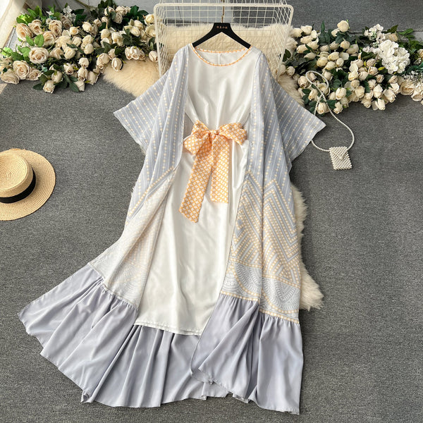 Sleeveless Dress&Printed Wrap 2Pcs