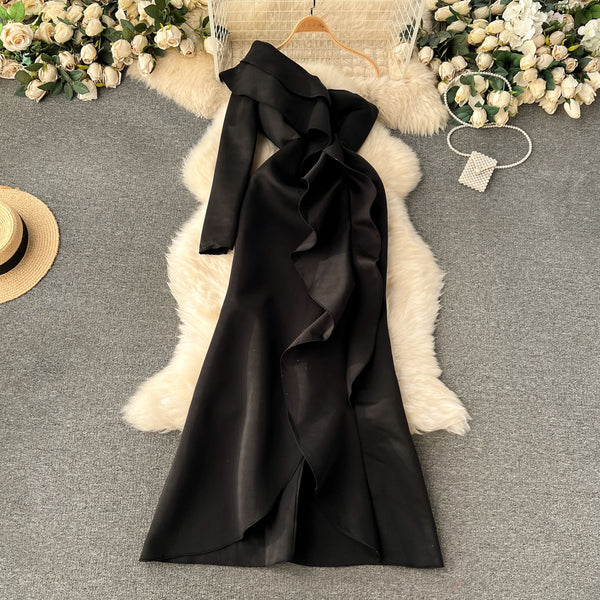 Double Ruffles Solid Color Party Dress