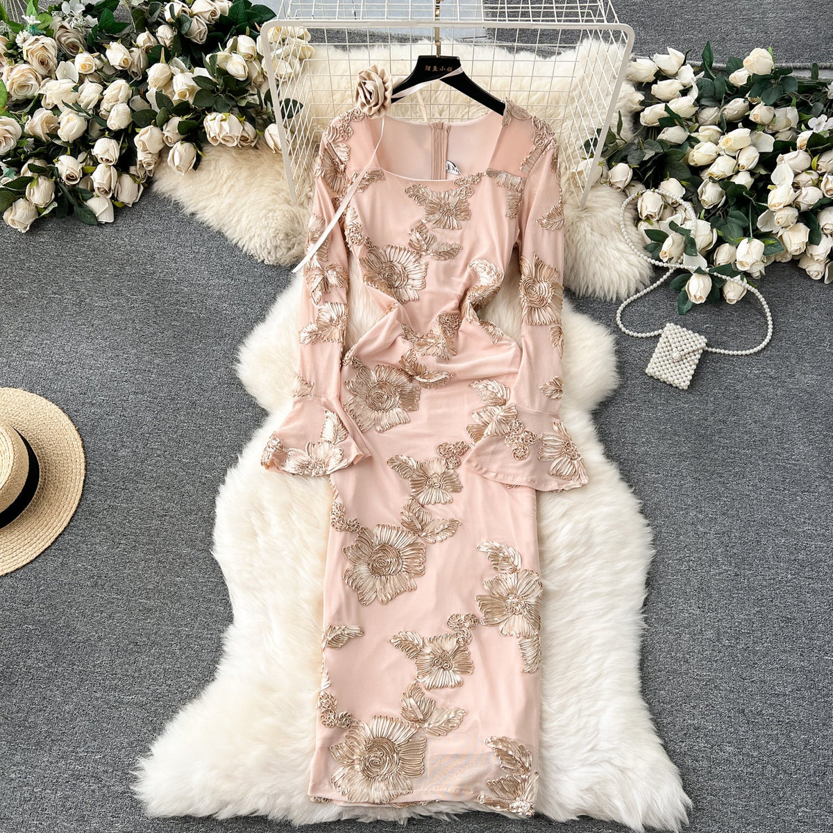 High-end Embroidered Floral Split Dress