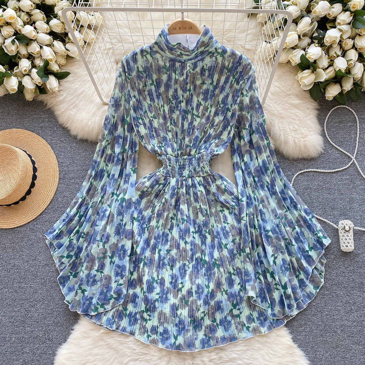 Flared Sleeve Floral Chiffon Dress