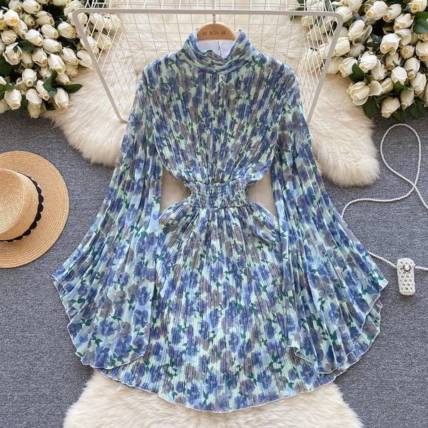 Flared Sleeve Floral Chiffon Dress